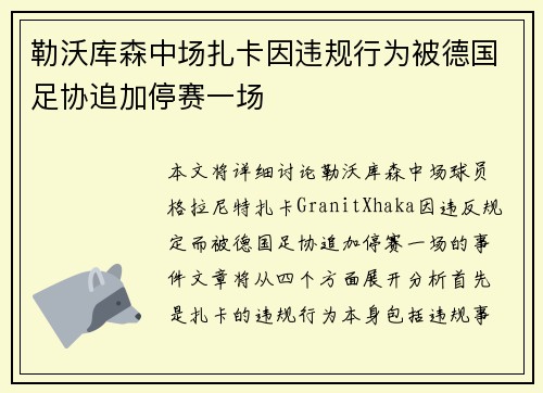 勒沃库森中场扎卡因违规行为被德国足协追加停赛一场